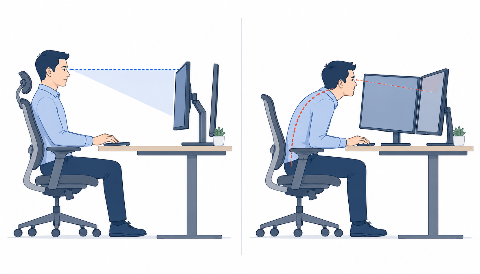 Comparison illustration showing good monitor setup and poor monitor setup