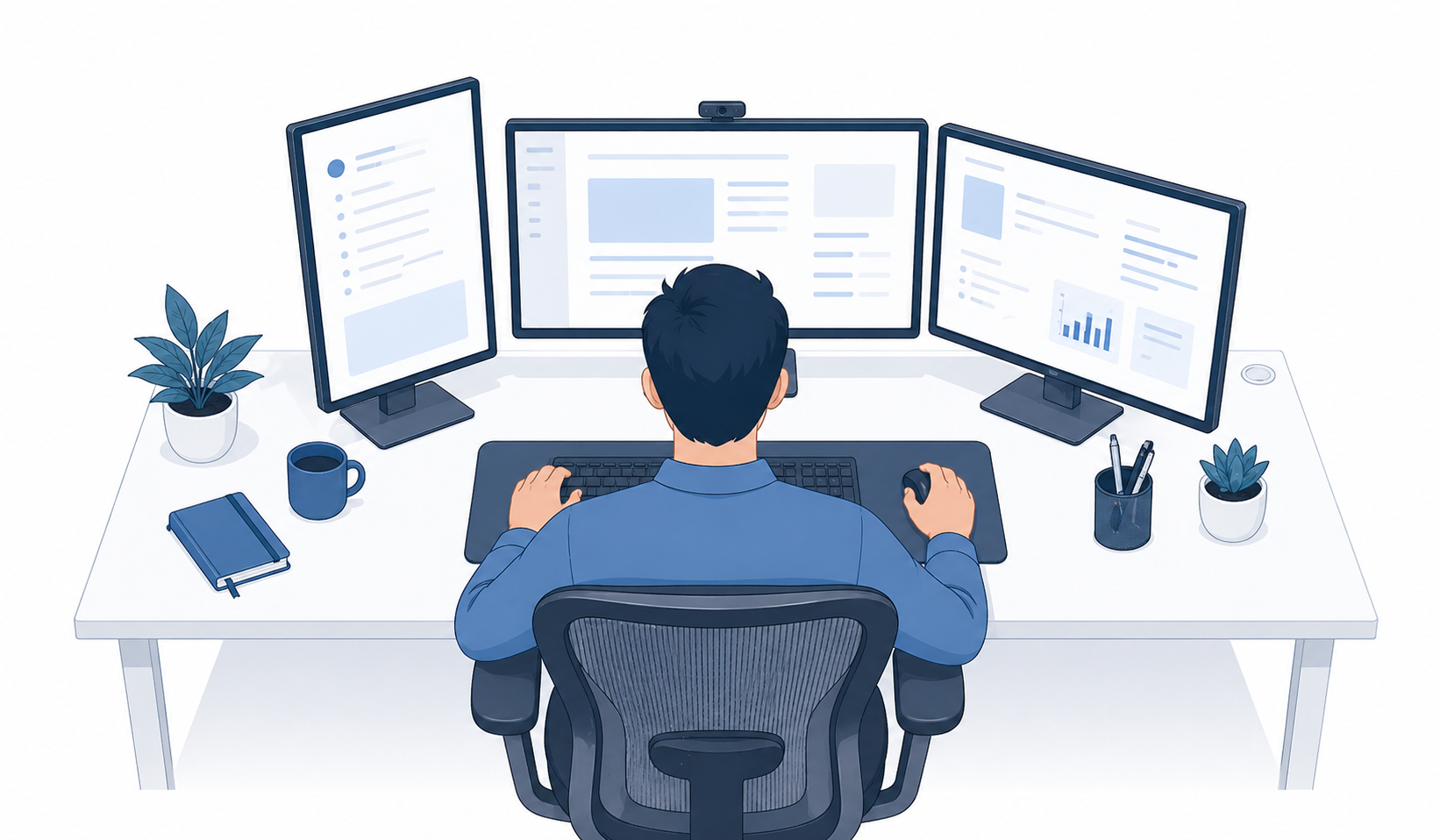 Illustration of a multi-monitor workstation with portrait and landscape screens