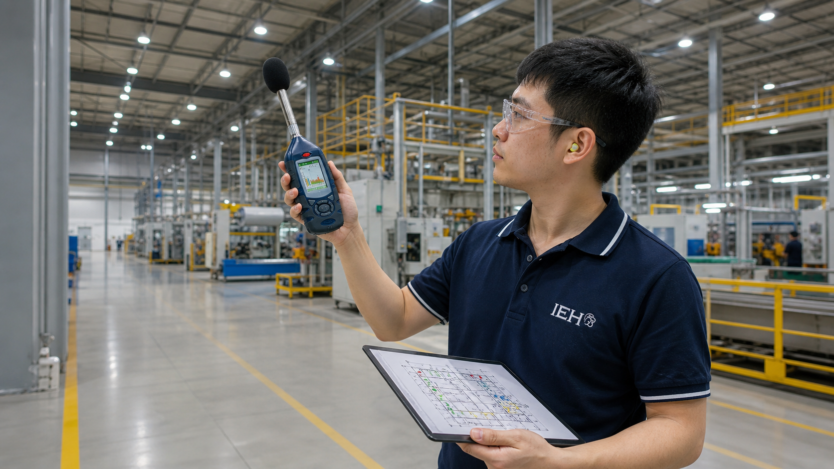 Asian occupational hygienist conducting workplace noise mapping with a Casella sound level meter in an industrial facility