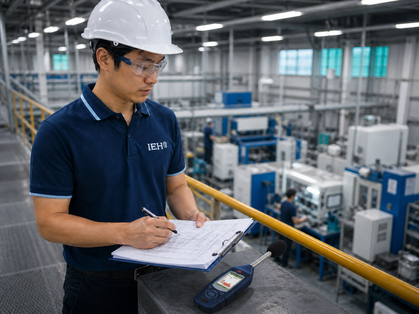 Noise survey field notes with floor plan and sound level meter