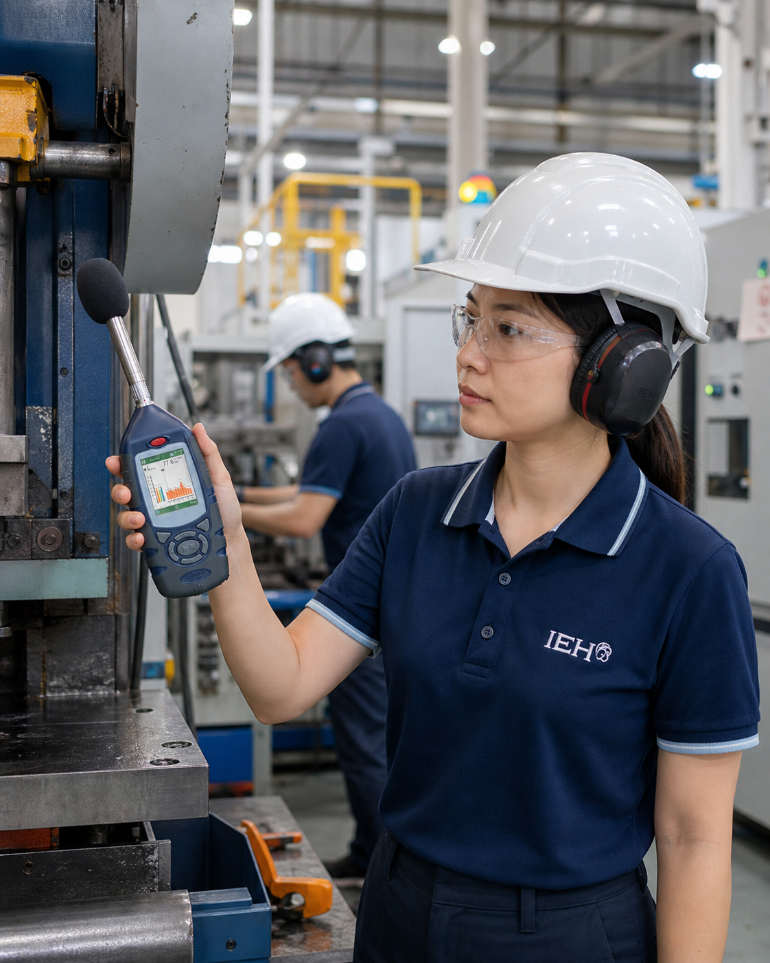 IEH occupational hygiene staff conducting an occupational noise survey with a sound level meter
